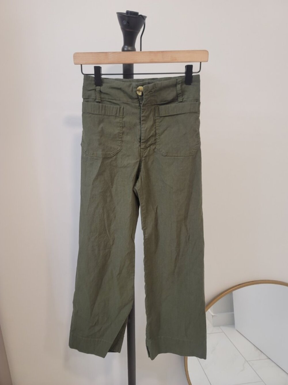 Anthropologie Maeve Colette Wide Leg Pants Olive Green Linen Size 24 High Rise - Picture 2 of 7